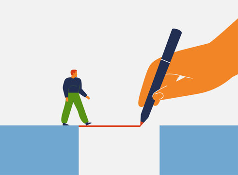 Business creative solution. Hand drawing by pen strategy line for man to achieve next goal. opportunity, challenge, obstacle concept. Vector illustration