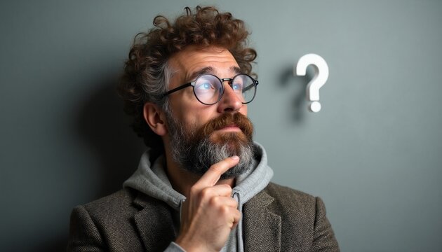 Bearded man in glasses and tweed jacket ponders. White question mark floats nearby. He thinks hard about problem. Contemplative pose. Man seeks answer.