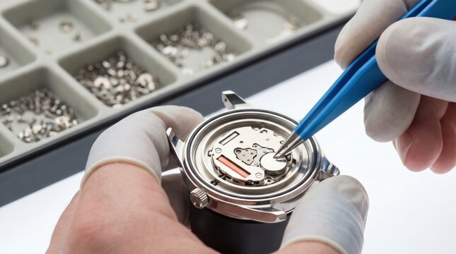 Watchmaker using blue plastic tweezers to insert a battery into a watch movement