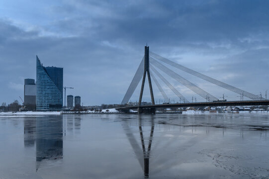 View of Cable stayed Bridge Over the Daugava River in Riga, Latvia