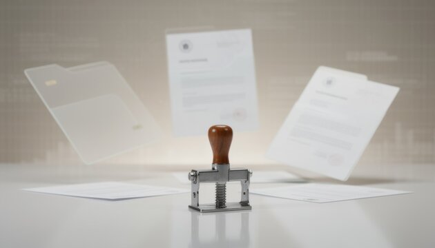 Medium shot of a polished workspace featuring floating secure file folders and notarized papers highlighting the stamp tool in sharp focus against a soft grid backdrop