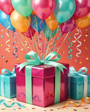 Multicolored balloons and ribbons rise from a large pink gift box with a green ribbon, surrounded by smaller blue gifts, on an orange background, celebrating a birthday.