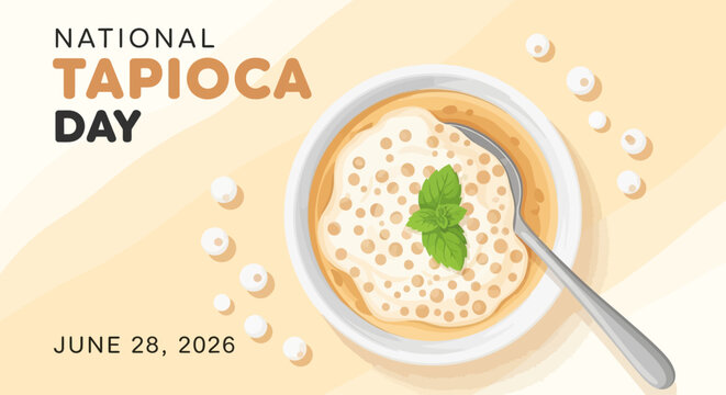 National Tapioca Day Celebration with Bowl of Tapioca Pudding and Spoon in Flat Lay Vector Illustration