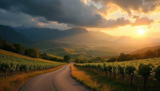 Rural road leads through vineyard hills at sunset. Sunrays break through dramatic clouds illuminating rolling green landscape and distant mountains. Warm golden hour light.