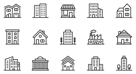 Building Icons Set. A collection of clean, minimalist line art icons representing various types of buildings, from residential homes to commercial structures and industrial facilities. © SHUVO