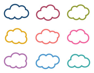 Fototapeta premium Colorful Cloud Bubbles. A collection of nine whimsical cloud-shaped bubbles in a variety of vibrant colors, outlined with distinct hues of blue, purple, pink, red, orange, yellow, and green.