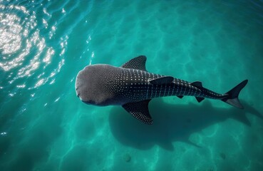 Naklejka premium Giant whale glides through clear turquoise ocean water. Spotted pattern on large fish visible from aerial view. Sunlight sparkles on sea surface.