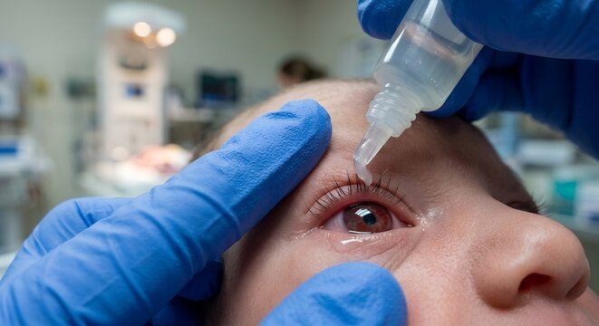 Doctor carefully applying erythromycin eye ointment to a newborn baby's eye in a sterile hospital setting, healthcare procedure, medical care
