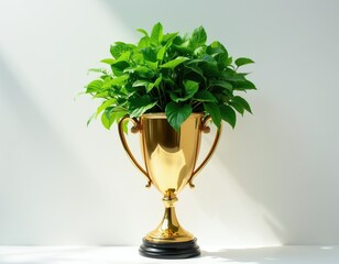 Fototapeta premium Gold trophy holds rich green plant on white table. Symbolizes success growth eco award. Clean background with soft shadow. Represents achievement and sustainability.