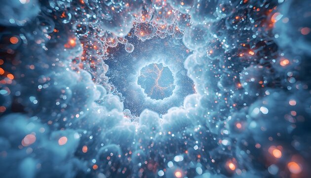Abstract cinematic vortex featuring glowing blue clouds and radiant orange sparks creating a hypnotic tunnel effect for futuristic digital technology backgrounds