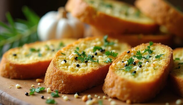 Golden baked bread slices topped with minced garlic herb seasoning and black pepper. Crunchy toasted pieces with fresh parsley garnish. Ready to eat side dish or appetizer.