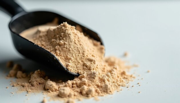 A black scoop holds a pile of light brown protein powder. Some powder spills onto a light grey surface. Ideal for fitness, health, and nutrition content.