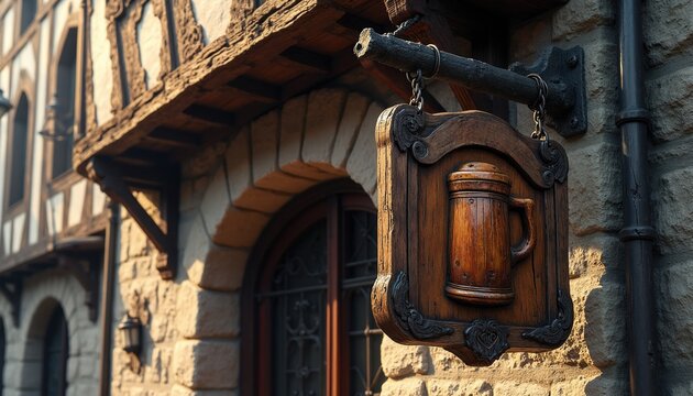 Wooden sign with beer mug carving hangs on old stone building wall. Traditional pub facade with arched window and timber framing. Medieval style tavern exterior.