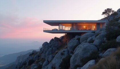 Obraz premium Modern cantilever house balances on rocky cliff edge. Sleek architecture with large glass windows overlooks scenic mountain landscape during soft sunset twilight sky.