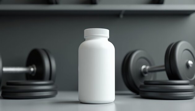 White supplement bottle sits on shelf in gym. Dumbbells are nearby. Minimalist screen display adds modern touch. Perfect for fitness, health, and workout promotions.