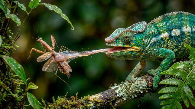 Close-up macro photography of a vibrant panther chameleon hunting in its natural rainforest habitat, capturing a praying mantis with its long, sticky tongue. Detailed scales, cinematic bokeh backgroun