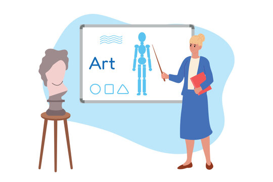 Art teacher teaching plastic anatomy. Vector illustration. Perfect for art school poster, education banner, anatomy class flyer