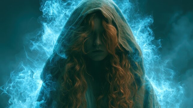 medium stock shot of a powerful witch with red hair, face hidden, surrounded by a magical energy field of blue light, dark and smoky background