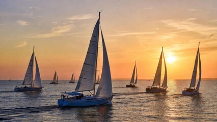 Fototapeta premium Multiple sailboats racing at sunset on calm coastal waters