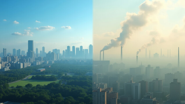 Split image showing clean city skyline versus polluted industrial landscape