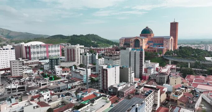 Aparecida National Shrine in Brazil with cable cars and historic architecture, showing a famous Catholic pilgrimage destination.