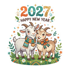 Fototapeta premium Pair of cute goats celebrating New Year 2027 on transparent background. Cartoon animal illustration with scarf and bow for holiday greeting card design. Winter seasonal celebration.