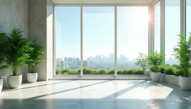 Bright contemporary room with big windows offers panoramic city skyline view. Rich green potted plants add natural accents to minimalist interior. Sunlight streams across floor.