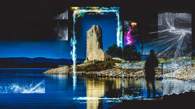 Digital Heritage Mapping Interface for Augmented Reality Tourism and Archaeological Data Visualization featuring Ancient Coastal Tower with Complex HUD Overlay and Spatial Computing Data Streams