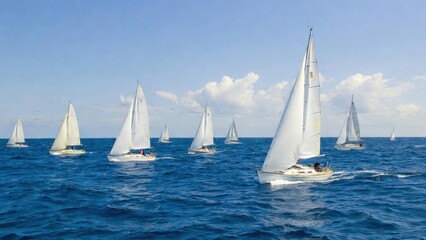 Fototapeta premium Multiple sailboats racing across open sea under clear sky