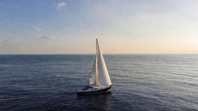 Single sailboat gliding on calm sea toward distant horizon