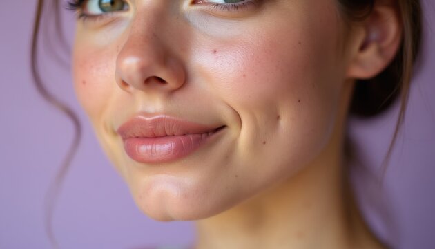 Macro shot of young woman face showing skin texture and pores. Natural healthy complexion with subtle freckles and dimples. She smiles gently with lips slightly parted showing perfect teeth.