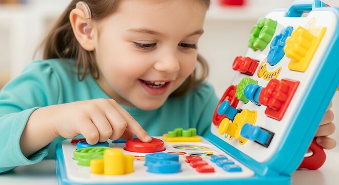 Child playing with colorful sensory activity board developing motor skills and joyful learning