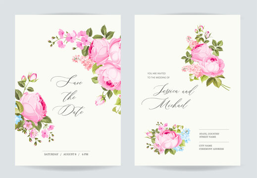 Marriage invitation card with custom sign and rose frame over beige