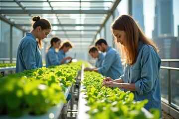 Naklejka premium Young Team Cultivating Fresh Produce in a Rooftop Hydroponic Farm