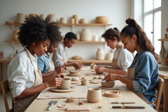 Young Adults Learning Pottery in a Bright Ceramics Studio