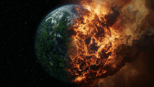 Planet Earth burning in space, half lush green, half engulfed in flames