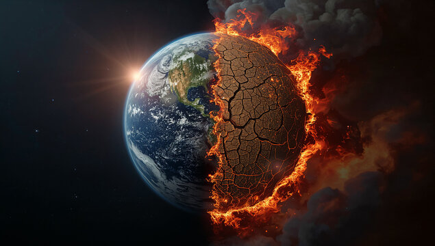 Earth half burning and cracked, half alive with clouds and sun