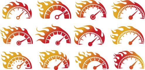 Obraz premium Speedometer icons set. Speed indicators with arrows. Fast speed. Internet speed, gauge, dashboard, indicator, tachometer, scale. Credit score indicator. Risk levels meter icon