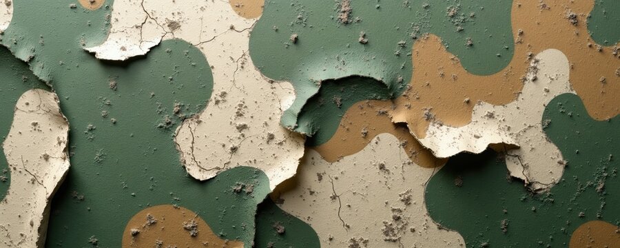 Abstract flecktarn camouflage pattern texture with peeling paint, cracks, and dust. Close up macro view of worn military fabric design. Worn army background for digital or print.