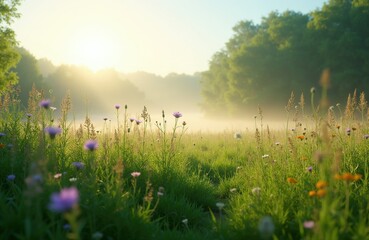 Naklejka premium Sunlight shines on meadow with diverse wildflowers. Gentle mist floats over green grass. Peaceful scene offers quiet calm and natural beauty. Freedom feels in open air.