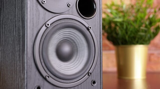 Loud bass speaker vibrating playing music. Powerful audio speaker membrane vibrating from high sound volume. Subwoofer cone moving and playing loud music with deep bass, showing sound waves
