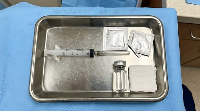 A stainless steel medical tray containing a syringe, vial, and other medical supplies on transparent background hantavirus pulmonary syndrome, hps