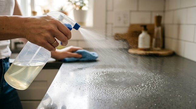 A person spraying cleaning solution on a kitchen countertop with a blue cloth on transparent background hantavirus pulmonary syndrome, hps