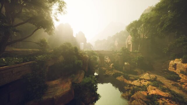 sunlit forest canyon with river, ancient moss covered ruins and stone bridge, golden mist and soft rays through dense canopy, tranquil reflection on still