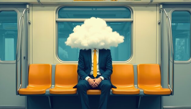 Man in suit with cloud over head sits on train seat. Surreal scene shows person with head in sky, introspective, lost in thought. Commute or daydreaming concept. Business metaphor.