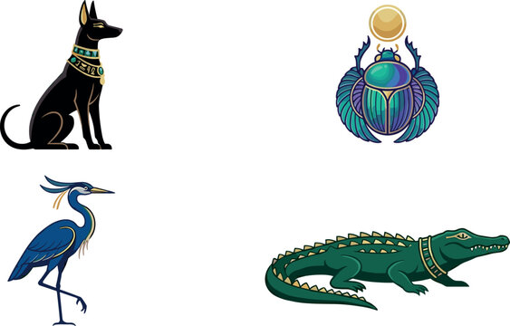 Ancient Egyptian Sacred Animal Vector Icon Set Featuring Sitting Anubis Jackal Winged Scarab Beetle Bennu Heron Bird and Sobek Crocodile God