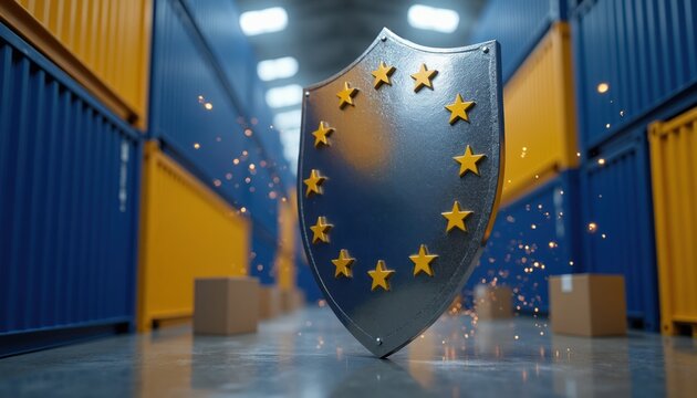 EU shield symbol stands in warehouse amidst stacked cargo containers. Boxes and sparks suggest import export logistics. Security and trade concept. International business protection.