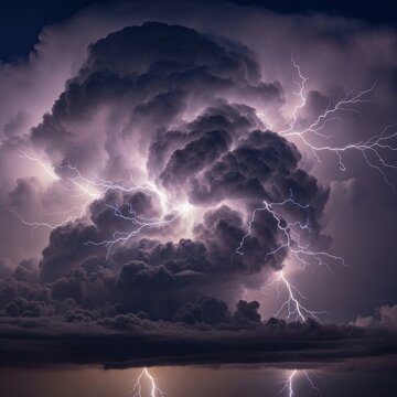 Dramatic storm clouds with lightning bolts across a dark sky background