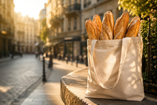 Reusable Cotton Tote Bag Filled with Fresh Baguettes on Paris Street, Sustainable Shopping Concept