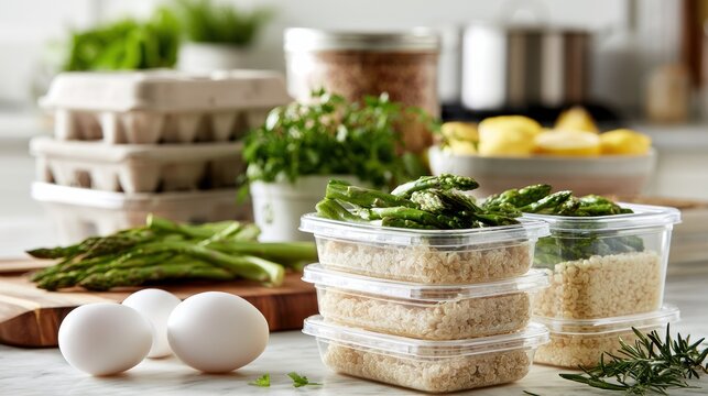 Bright kitchen with meal prep containers filled with grains and vegetables, ready for cooking healthy meals at home each day